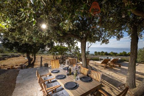 a wooden table and chairs under a tree at Villa Humac Hvar in Poljica