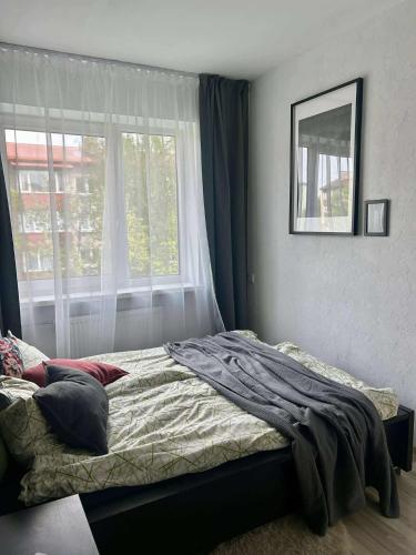 a bedroom with a bed in front of a window at Your Place in Tallinn - newly renovated! in Tallinn