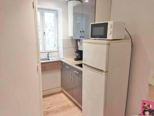 une petite cuisine avec un micro-ondes au-dessus d'un réfrigérateur dans l'établissement BudgetBnb - Studio au calme - 17m2 - Proche St Anne - Zenith Omega, à Toulon