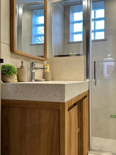 a bathroom with a sink and a mirror and a shower at Arch Residence, studio 1, Apothika in Katarráktis