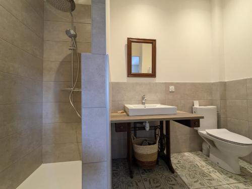 a bathroom with a sink and a toilet and a mirror at La Provende in Bard