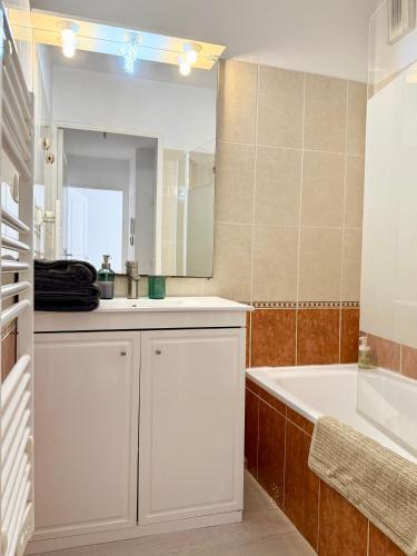 une salle de bain avec une baignoire, un lavabo et un miroir dans l'établissement Magnificent renovated apartment, 2 rooms of 45 m2, close tothe sea, top floor, terrace, à Nice