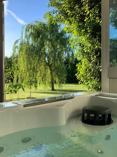 a jacuzzi tub with a black stool in a window at B&B Beauty House in Cesena