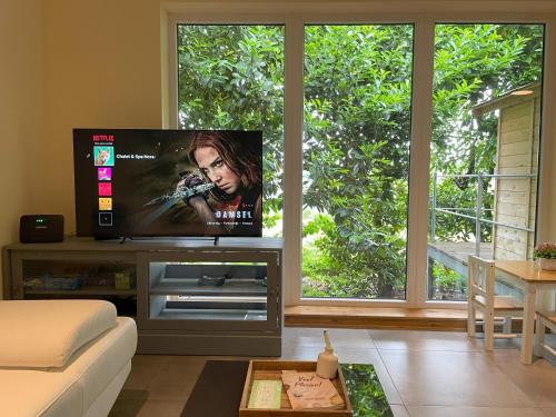 a living room with a flat screen tv in front of a window at Chalet & Spa Nora in Stekene
