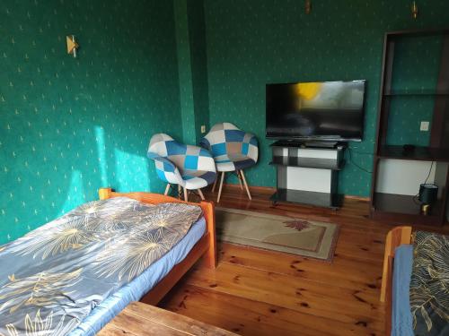 a bedroom with a bed and a tv and a piano at Pokoje gościnne Inowrocław in Inowrocław