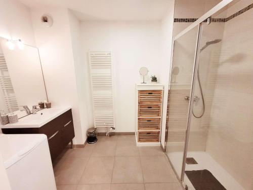 une salle de bain avec douche et lavabo dans l'établissement Appartement lumineux 2 chambres à Wimereux, proche plage, avec garage et Wi-Fi - FR-1-675-13, à Wimereux