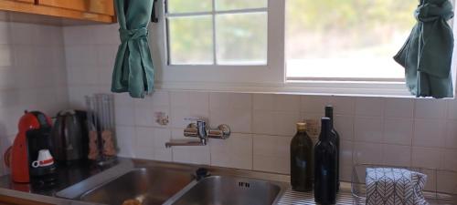 un comptoir de cuisine avec un évier et une fenêtre dans l'établissement Nerissa Bungalows No 5, à Spartià