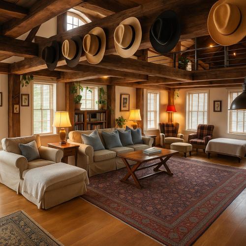a large living room with couches and a rug at Magical Post And Beam Loft Downtown Newport! in Newport