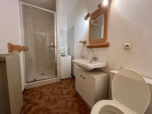 une salle de bain avec toilettes, lavabo et douche dans l'établissement Studio 4 personnes proche plage, animaux admis, Saint-Cyprien - FR-1-225D-2, à Saint Cyprien Plage