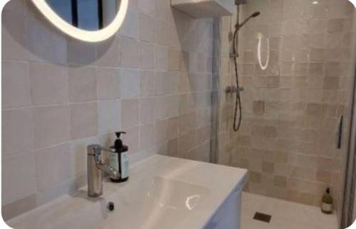 une salle de bain avec un lavabo et une douche dans l'établissement BORD de MER au COEUR de la station Joli duplex contemporain équipé, à Bénodet