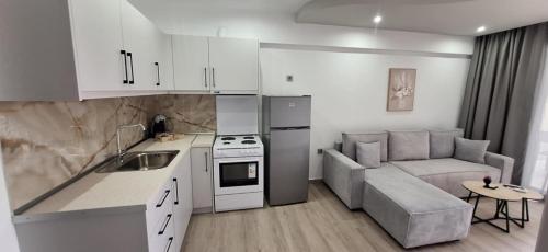 a kitchen and a living room with a couch at Otium Studios in Limenaria