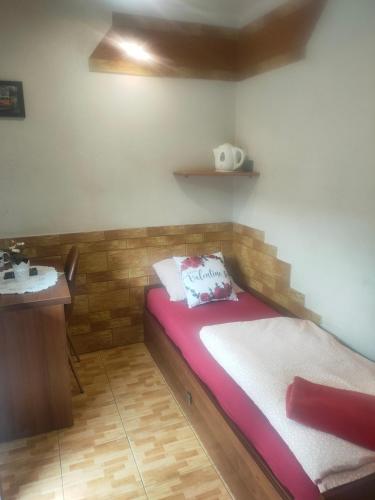 a small bedroom with a bed and a desk at Pokój dla jednej osoby z łazienką in Gniezno