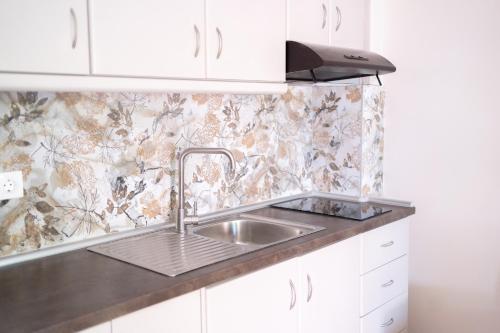 a kitchen with a stainless steel sink and floral wallpaper at Liogerma Apartments in Pefkochori