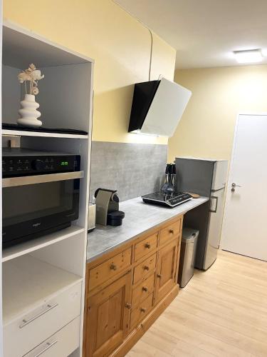 une cuisine avec un micro-ondes et une cuisinière four supérieur dans l'établissement Expérience unique face à la mer et Porquerolles, à Carqueiranne