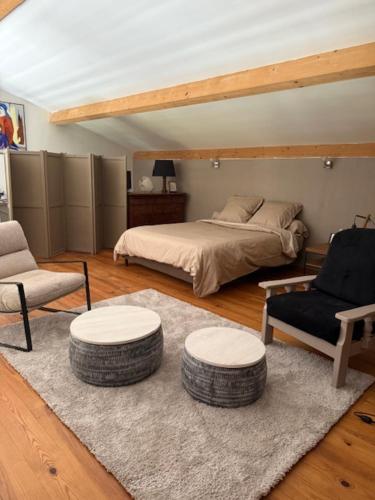 a bedroom with a bed and two chairs and a rug at Le clos du Broca in Clermont-Pouyguilles