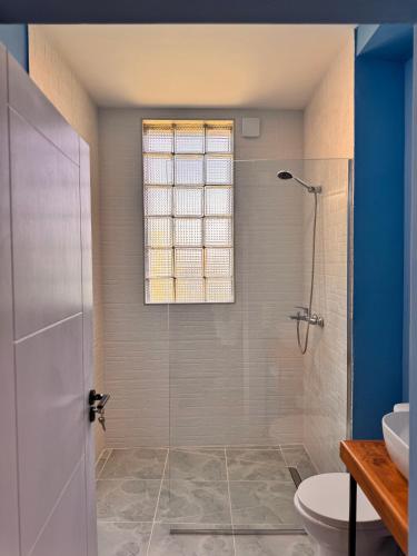 a bathroom with a shower and a toilet and a sink at Our Old House in Tʼelavi