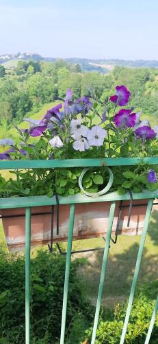 a planter with purple and white flowers on a table at La Terrazza Mombarone in Asti