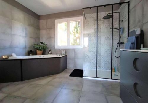 une grande salle de bain avec baignoire et douche dans l'établissement Villa dans les Alpilles, à Maussane-les-Alpilles