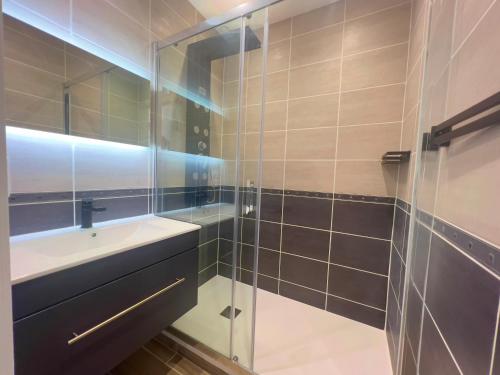 een badkamer met een wastafel en een glazen douche bij Le VIP in Vienne
