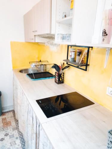 une cuisine avec des armoires blanches et un évier dans l'établissement Calme et central, à Sète