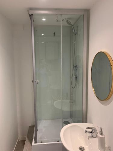 une salle de bain avec une douche, un lavabo et un miroir dans l'établissement Studio cosy proche gare des Mureaux, aux Mureaux