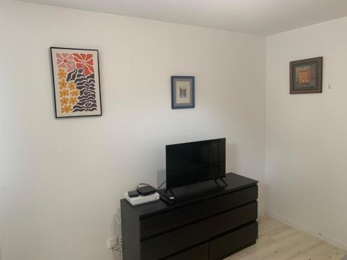 un salon avec une télévision sur une commode dans l'établissement Studio cosy proche gare des Mureaux, aux Mureaux