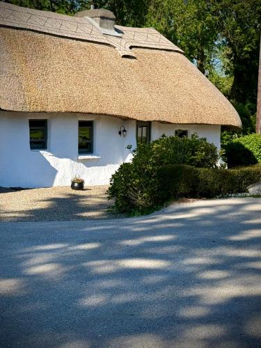 a small white house with a thatched roof at Murphys Thatched Cottage in Mitchelstown