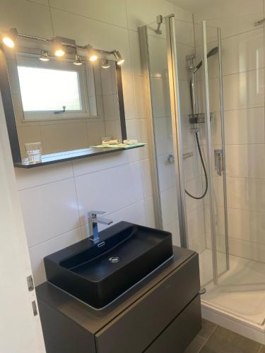 a bathroom with a black sink and a shower at Haus Carstensen-Bungalow 2 in Wyk auf Föhr