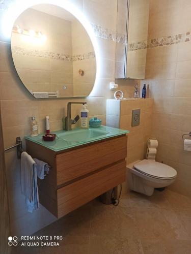 une salle de bain avec un lavabo, des toilettes et un miroir dans l'établissement Vue Esterel, Piscine privée, plein sud, à Les Adrets-de-l'Estérel