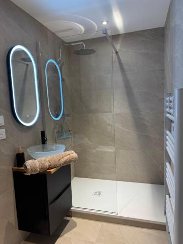 a bathroom with a shower with a sink and a mirror at Le Bleu Marine, grand studio au calme, à 2 pas du lac ! in Gérardmer
