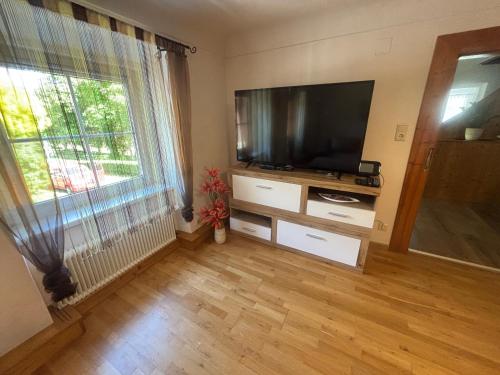 a living room with a television and a large window at Gästehaus zum Alpenjäger 