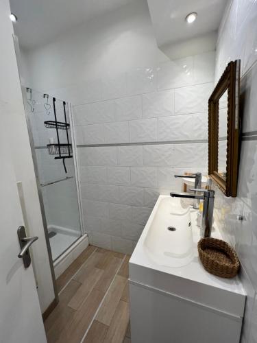 une salle de bain blanche avec un lavabo et un miroir dans l'établissement Appartement T3 avec jardin, à Toulon