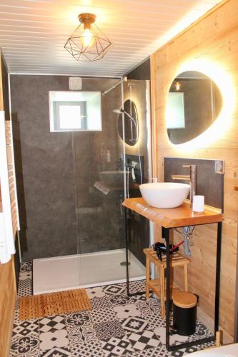 une salle de bain avec un lavabo et une douche dans l'établissement Gîte des vergnioux, à Ayat-sur-Sioule