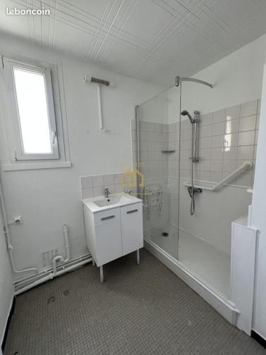 une salle de bain blanche avec une douche et un lavabo dans l'établissement La Casa Jungle, 3 bedrooms, Angers, à Angers