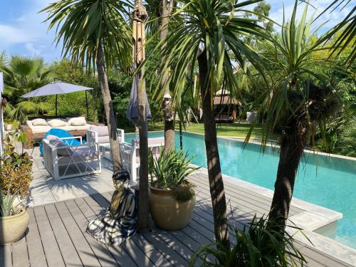 un patio avec des palmiers et une piscine dans l'établissement Villa Amnesia Cap dAntibes with Pool and luxurious Garden, à Antibes