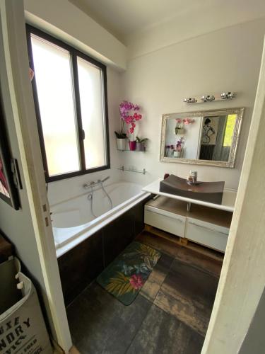 une salle de bain avec une baignoire et un lavabo dans l'établissement Villa Amnesia Cap dAntibes with Pool and luxurious Garden, à Antibes