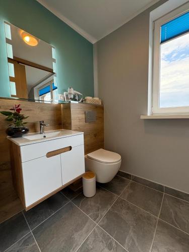a bathroom with a toilet and a sink and a mirror at Przystań Pod Wieżą in Władysławowo