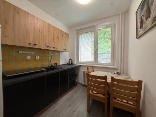 una cucina con un lavello e un tavolo con sedie di Apartmán s veľkou terasou v srdci Trenčína a Trenčín