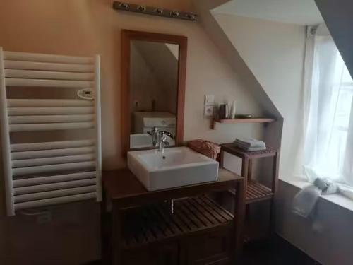 une salle de bain avec un lavabo et un miroir dans l'établissement Logement centre Quarré les Tombes, à Quarré-les-Tombes