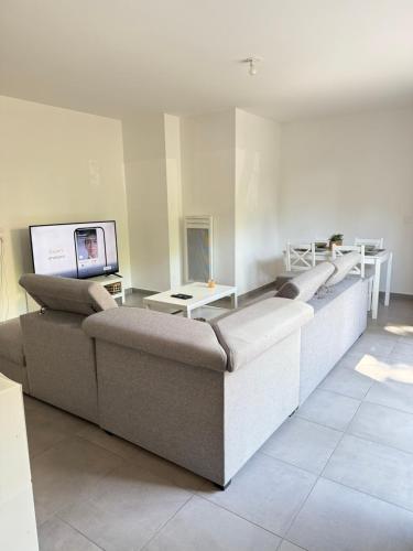 un salon avec un canapé et une télévision dans l'établissement Magnifique T2 au Cœur de Montpellier, à Montpellier