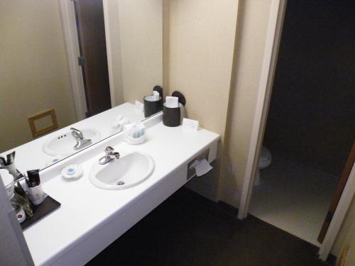 a bathroom with a white sink and a mirror at C'Mon Inn in Thief River Falls