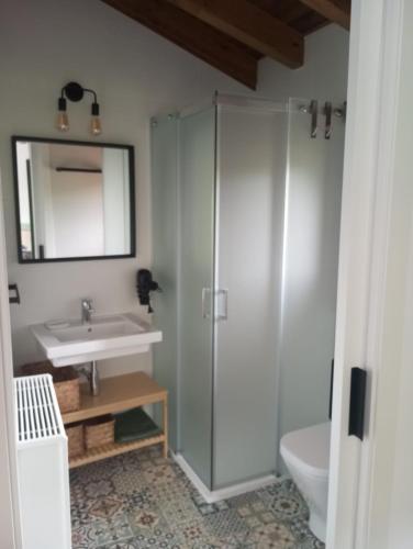 Un baño con ducha de cristal y lavabo. en La Cuestina, en Onís