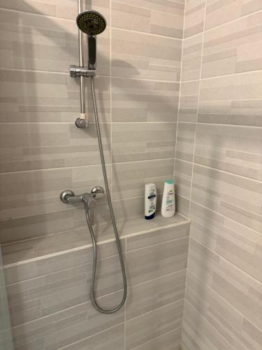 - une douche avec un pommeau de douche et 2 bouteilles de savon dans l'établissement Magnifique T2 au Cœur de Montpellier, à Montpellier