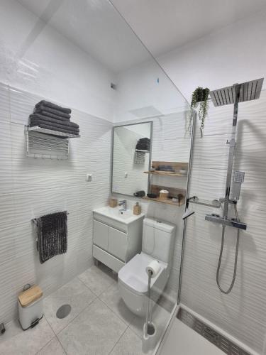 a white bathroom with a toilet and a shower at Casa Portao da Cidade in Silves