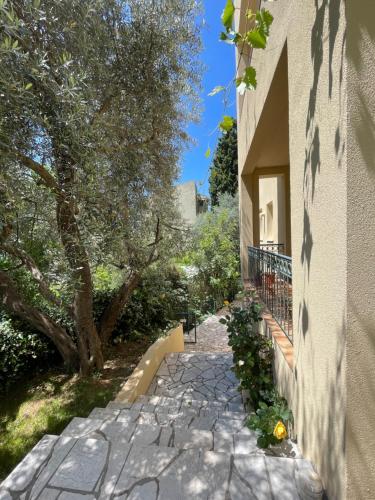 a stone walkway next to a building with a tree at Apartmani Agape in Petrovac na Moru