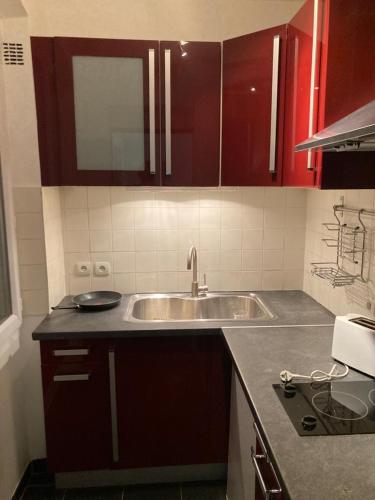 - une cuisine avec un évier et des placards rouges dans l'établissement Studio meublé Gambetta, à Paris