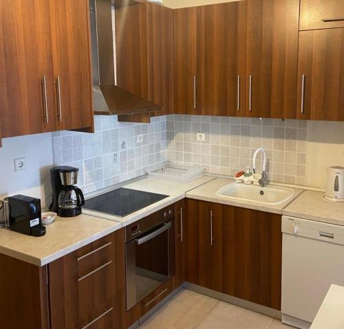 a kitchen with wooden cabinets and a sink at Sofia's Apartment in Nea Moudania