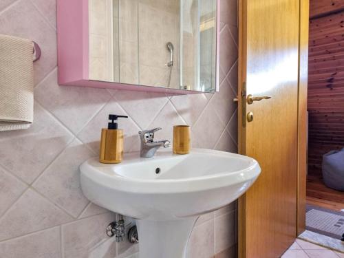 a bathroom with a white sink and a mirror at Apartmaji Čok in Bovec