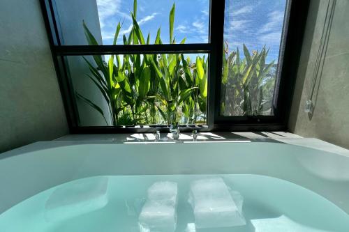 bañera frente a una ventana con una planta en Villa 94 3PN Sanctuary Ho Tram Resort, en Ho Tram