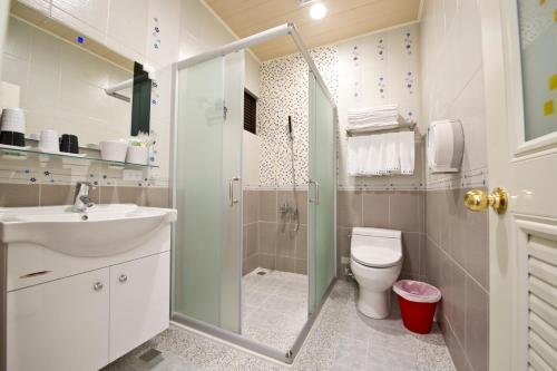 東港的住宿－海王星會館特色民宿，带淋浴、卫生间和盥洗盆的浴室